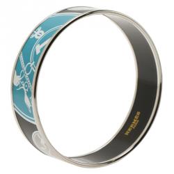 Pre Owned Hermès Wide Printed Black Enamel Palladium Plated Bracelet