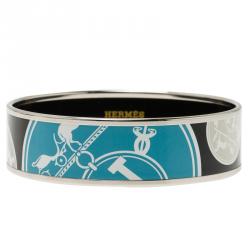 Pre Owned Hermès Wide Printed Black Enamel Palladium Plated Bracelet