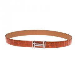 Pre Owned Hermes Orange Crocodile Leather H Buckle Belt 90CM