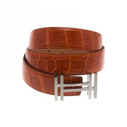 Pre Owned Hermes Orange Crocodile Leather H Buckle Belt 90CM