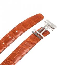 Pre Owned Hermes Orange Crocodile Leather H Buckle Belt 90CM