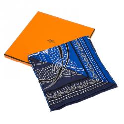 Pre Owned Hermes Blue Buckle Print Square Silk Bandana