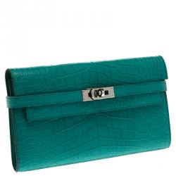 Hermes Blue Paon Alligator Long Kelly Wallet 