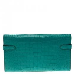 Hermes Blue Paon Alligator Long Kelly Wallet 