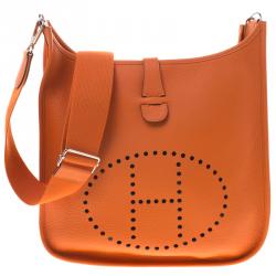Pre Owned Hermes Orange Clemence Leather Evelyne III GM Bag