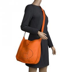 Pre Owned Hermes Orange Clemence Leather Evelyne III GM Bag