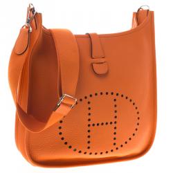Pre Owned Hermes Orange Clemence Leather Evelyne III GM Bag