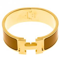 Pre Owned Hermes Clic Clac H Orange Enamel Gold Plated Wide Bracelet PM