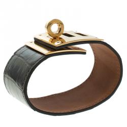 Pre Owned Hermes Kelly Dog Brown Alligator Leather Gold Plated Wide Bracelet