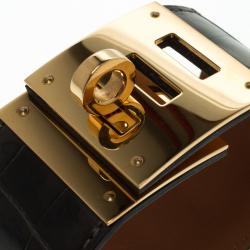 Pre Owned Hermes Kelly Dog Brown Alligator Leather Gold Plated Wide Bracelet