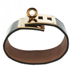 Pre Owned Hermes Kelly Dog Brown Alligator Leather Gold Plated Wide Bracelet