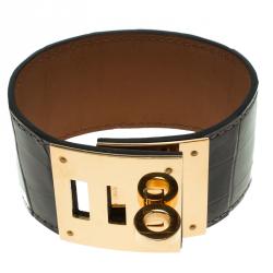 Pre Owned Hermes Kelly Dog Brown Alligator Leather Gold Plated Wide Bracelet