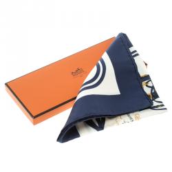Pre Owned Hermes Navy Blue and White Brides de Gala Silk Pocket Square