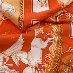 Pre Owned Hermes Orange Printed Silk Pour Vacheron Constantin Square Scarf