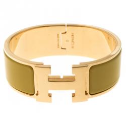 Pre Owned Hermes Clic Clac H Yellow Enamel Gold Plated Wide Bracelet PM