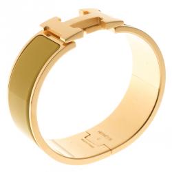 Pre Owned Hermes Clic Clac H Yellow Enamel Gold Plated Wide Bracelet PM