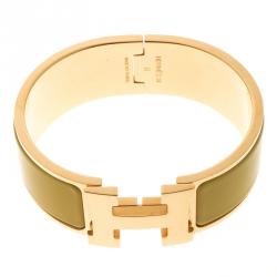 Pre Owned Hermes Clic Clac H Yellow Enamel Gold Plated Wide Bracelet PM