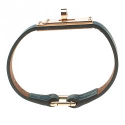 Pre Owned Hermes Micro Kelly Blue Leather Rose Gold Plated Narrow Bracelet XS