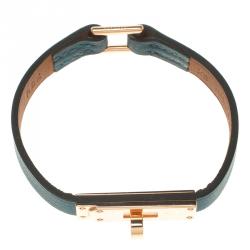Pre Owned Hermes Micro Kelly Blue Leather Rose Gold Plated Narrow Bracelet XS