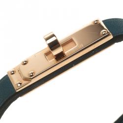 Pre Owned Hermes Micro Kelly Blue Leather Rose Gold Plated Narrow Bracelet XS