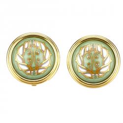 Pre Owned Hermes Cloisonne Green Gold Tone Clip On Earrings