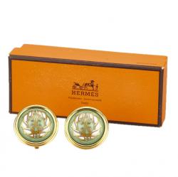 Pre Owned Hermes Cloisonne Green Gold Tone Clip On Earrings