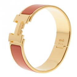 مملوكة مسبقًا Hermes Clic Clac H Wide Gold-Plated Orange Enamel Bracelet PM