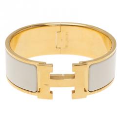 Pre Owned أسورة هيرمس كليك كلاك H عريضة أيناميل أبيض مطلية ذهب
