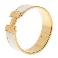 Pre Owned أسورة هيرمس كليك كلاك H عريضة أيناميل أبيض مطلية ذهب