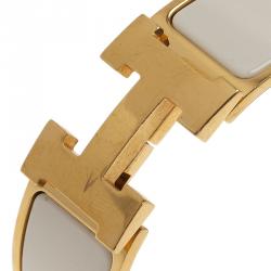 Pre Owned أسورة هيرمس كليك كلاك H عريضة أيناميل أبيض مطلية ذهب