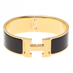 Hermes Clic Clac H Wide Enamel Black Gold-Plated Bracelet 