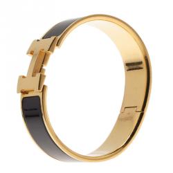 Hermes Clic Clac H Wide Enamel Black Gold-Plated Bracelet 