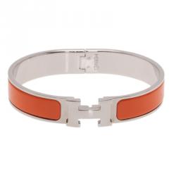 Pre Owned Hermes Clic Clac H Orange Enamel Palladium-Plated Bracelet GM