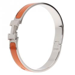 Pre Owned Hermes Clic Clac H Orange Enamel Palladium-Plated Bracelet GM