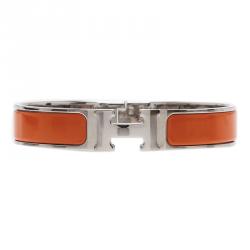 Pre Owned Hermes Clic Clac H Orange Enamel Palladium-Plated Bracelet GM