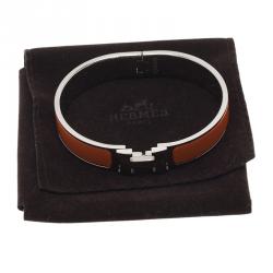 Pre Owned Hermes Clic Clac H Orange Enamel Palladium-Plated Bracelet GM