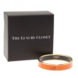 Pre Owned Hermes Caleche Wide Orange Enamel Palladium Plated Bracelet