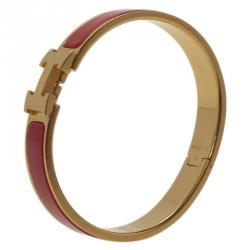 Pre Owned Hermes Clic Clac H Narrow Red Enamel Gold-Plated Bracelet GM