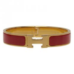 Pre Owned Hermes Clic Clac H Narrow Red Enamel Gold-Plated Bracelet GM