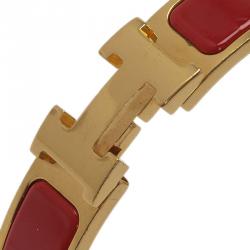 Pre Owned Hermes Clic Clac H Narrow Red Enamel Gold-Plated Bracelet GM