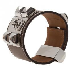Pre Owned Hermès Collier de Chien Taupe Calfskin Leather Palladium Plated Cuff Bracelet
