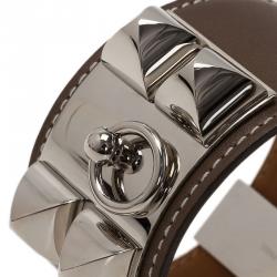 Pre Owned Hermès Collier de Chien Taupe Calfskin Leather Palladium Plated Cuff Bracelet