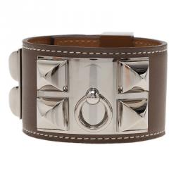 Pre Owned Hermès Collier de Chien Taupe Calfskin Leather Palladium Plated Cuff Bracelet