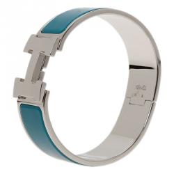 Pre Owned Hermes Clic Clac H Wide Duck Blue Enamel Palladium-Plated Bracelet PM