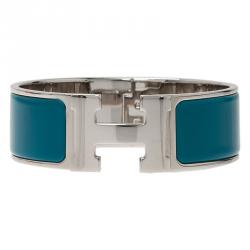 Pre Owned Hermes Clic Clac H Wide Duck Blue Enamel Palladium-Plated Bracelet PM