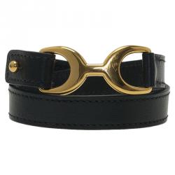 Pre Owned Hermes Baby Pavene Black Chamonix Calfskin Leather Gold-Plated Bracelet