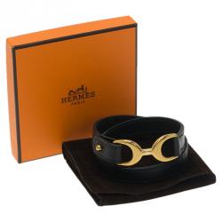 Pre Owned Hermes Baby Pavene Black Chamonix Calfskin Leather Gold-Plated Bracelet
