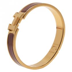Pre Owned Hermes Clic Clac H Narrow Brown Enamel Gold-Plated Bracelet