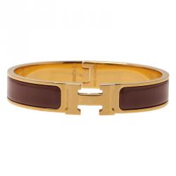 Pre Owned Hermes Clic Clac H Narrow Brown Enamel Gold-Plated Bracelet