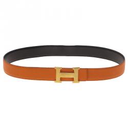 مملوكة مسبقًا حزام هيرمس كونستانس جلد برتقالي/أسود بوجهين 85سم